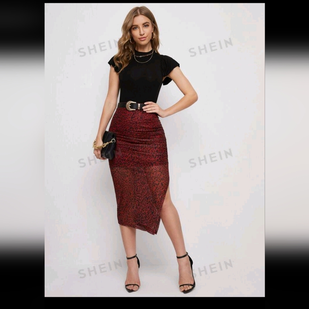 NEW Red Leopard Ruched Skirt